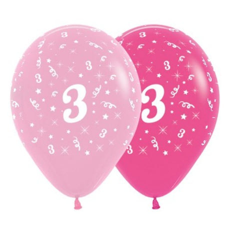 Pack of 6 pink latex balloons featuring the number '3' for celebrating a child's third birthday.