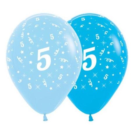 Pack of 6 blue latex balloons featuring a bold '5', perfect for vibrant 5th birthday celebrations.