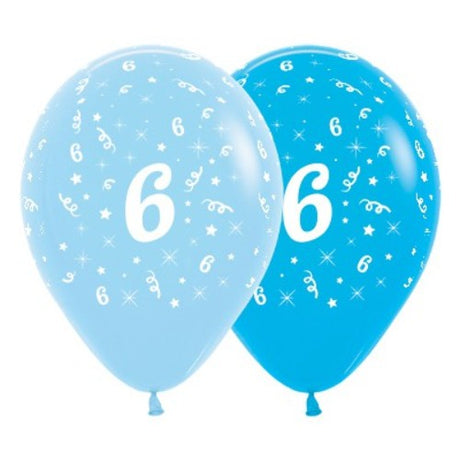 Pack of 6 vibrant blue latex balloons celebrating age 6, perfect for festive birthday decorations.