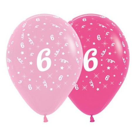 Pack of 6 pink balloons featuring the number 6, perfect for celebrating a child's 6th birthday party.