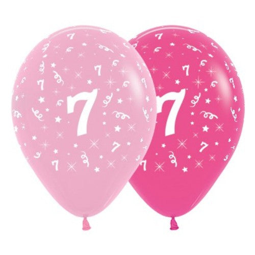 Pack of 6 vibrant pink balloons for age 7 celebrations, made from durable latex for festive birthday decorations.