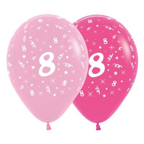 Pack of 6 vibrant pink balloons featuring the number 8, perfect for girls' birthday parties and festive celebrations.