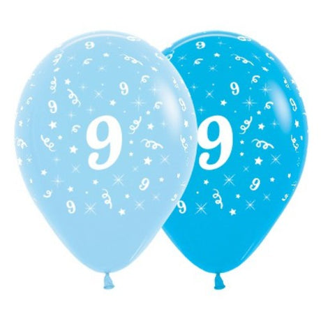 Pack of 6 vibrant blue latex balloons featuring the number 9 for celebrating a child's 9th birthday party.