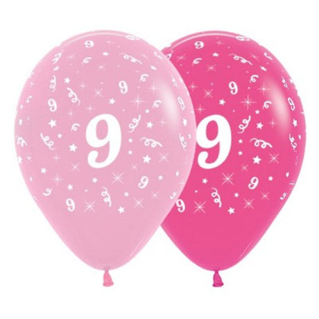 Pack of 6 pink latex balloons with bold '9' design for celebrating 9th birthdays and events.
