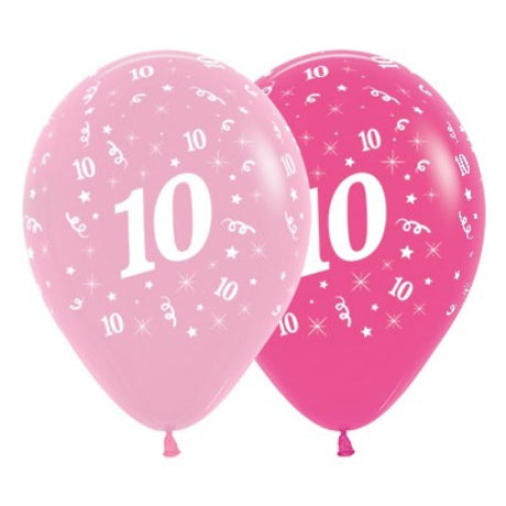 Pack of 6 vibrant pink age 10 balloons, perfect for celebrating a girl's milestone birthday.