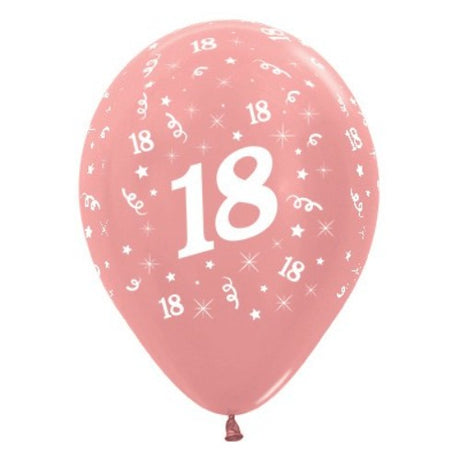 Pack of 6 rose gold metallic balloons perfect for celebrating an 18th birthday, adding elegance to any party decor.