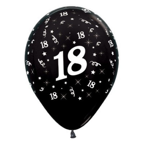 Pack of 6 black metallic latex balloons featuring 'Age 18' for stylish birthday celebrations.