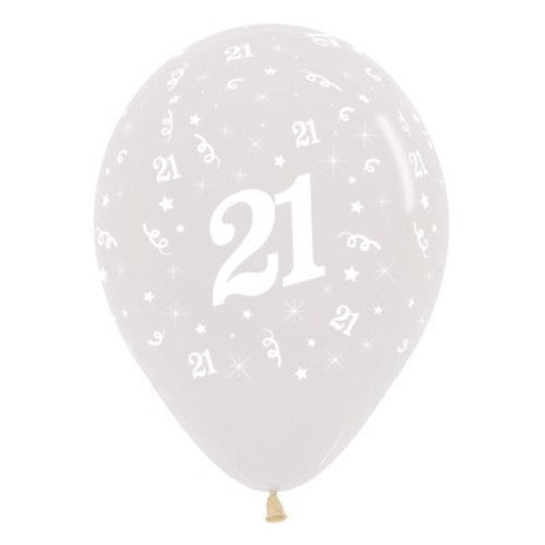 Pack of 6 30cm crystal clear balloons celebrating Age 21 with elegant jewel tones for vibrant birthday decor.