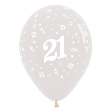 Pack of 6 30cm crystal clear balloons celebrating Age 21 with elegant jewel tones for vibrant birthday decor.