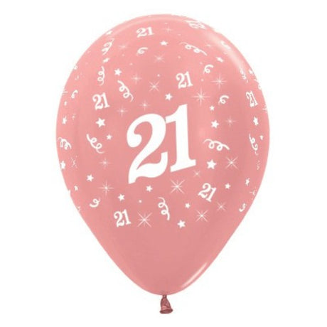 Pack of 6 rose gold metallic balloons celebrating the age 21, perfect for stylish birthday decorations.