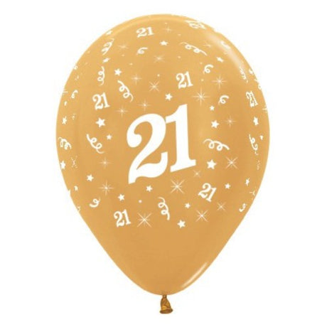 Pack of 6 gold metallic balloons celebrating Age 21, perfect for elegant party decor and memorable photo opportunities.