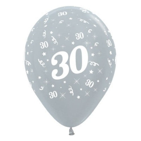 Pack of 6 silver metallic balloons, each 30cm, perfect for celebrating a 30th birthday with elegance and style.