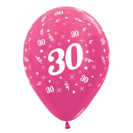 Vibrant fuchsia metallic balloons celebrating age 30, pack of 6, perfect for milestone birthday parties.