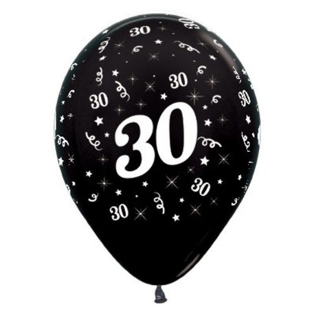 Pack of 6 black metallic balloons for 30th birthday, perfect for elegant party décor and celebrations.