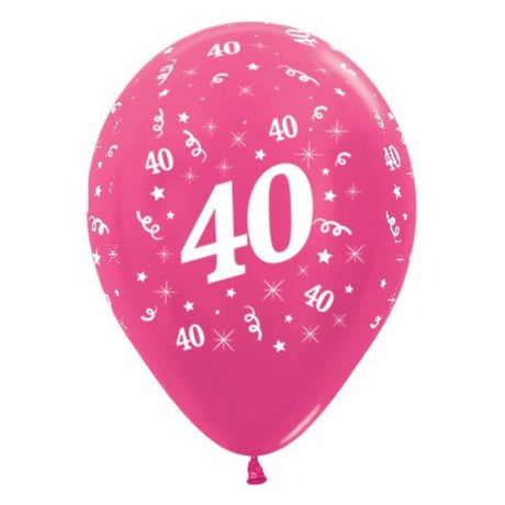 Pack of 6 fuchsia metallic balloons for celebrating a 40th birthday, perfect for festive decor and photo backdrops.