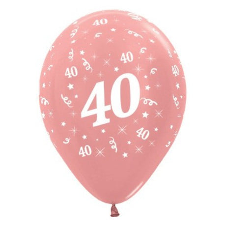 Pack of 6 rose gold metallic balloons celebrating age 40, perfect for elegant birthday party décor.