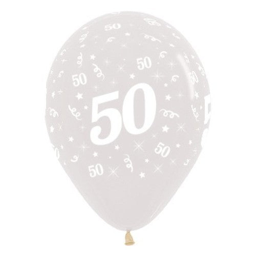 Elegant 30cm crystal clear balloons with 'Age 50' for milestone birthday celebrations, pack of 6 for stunning decor.