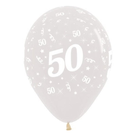Elegant 30cm crystal clear balloons with 'Age 50' for milestone birthday celebrations, pack of 6 for stunning decor.