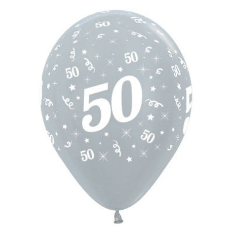 Pack of 6 metallic silver balloons, 30cm, celebrating a 50th birthday with elegance and festivity.