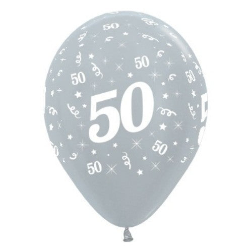 Pack of 6 metallic silver balloons, 30cm, celebrating a 50th birthday with elegance and festivity.