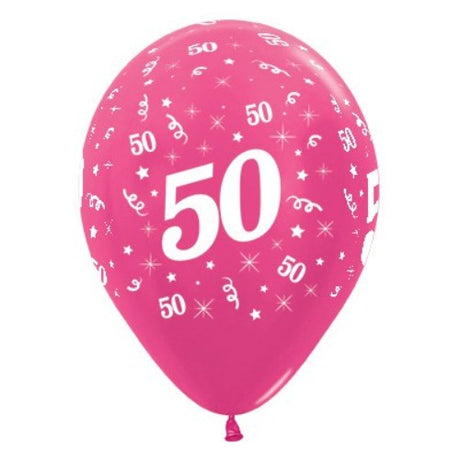 Pack of 6 fuchsia metallic balloons for 50th birthday celebrations, perfect for parties and decor.