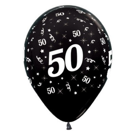 Pack of 6 black metallic balloons celebrating age 50, perfect for stylish birthday decorations and centerpieces.