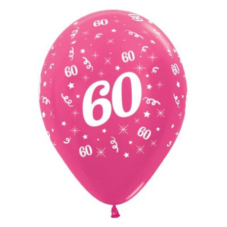 Fuchsia metallic balloons for Age 60 celebrations, pack of 6, perfect for adding elegance to any birthday party.