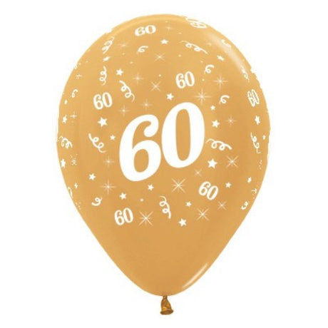 Six gold metallic balloons featuring the number 60, perfect for a stylish 60th birthday celebration.