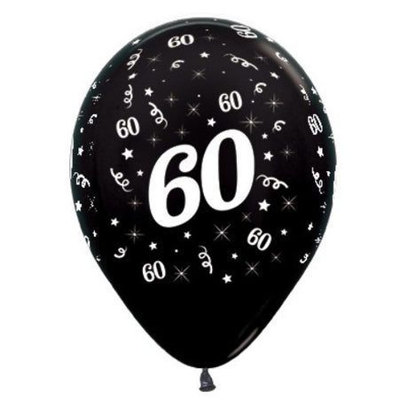 Pack of 6 Black Metallic Balloons for Age 60, perfect for stylish birthday celebrations and memorable events.