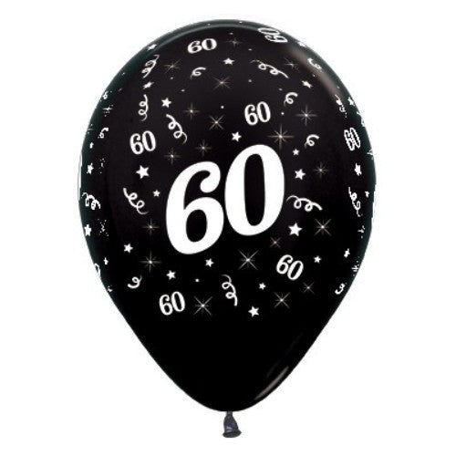 Pack of 6 Black Metallic Balloons for Age 60, perfect for stylish birthday celebrations and memorable events.