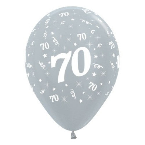 Pack of 6 Age 70 silver metallic balloons, 30cm, perfect for elegant birthday celebrations and festive decorations.