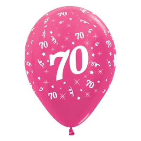 Pack of 6 fuchsia metallic balloons for a 70th birthday celebration, stylish and durable for indoor or outdoor use.