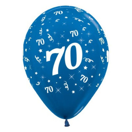 Pack of 6 blue metallic balloons for 70th birthday celebrations, measuring 30cm, perfect for festive decor.