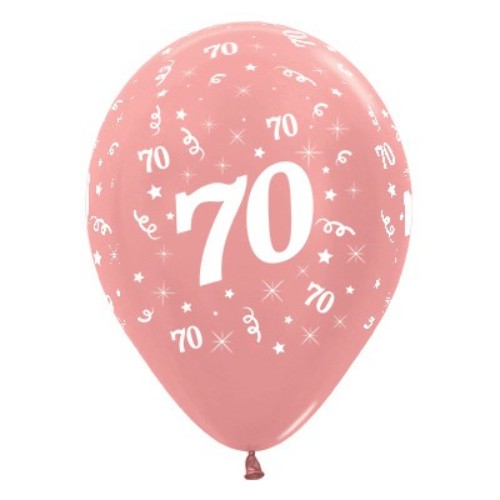 Pack of 6 rose gold metallic balloons celebrating Age 70, perfect for birthday parties and special celebrations.