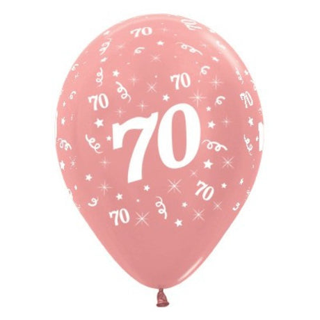 Pack of 6 rose gold metallic balloons celebrating Age 70, perfect for birthday parties and special celebrations.