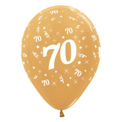 Pack of 6 gold metallic balloons for 70th birthday celebration, 30cm, durable latex, perfect for festive décor.