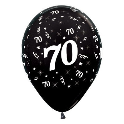 Pack of 6 black metallic balloons celebrating age 70, perfect for elegant birthday parties and milestone celebrations.