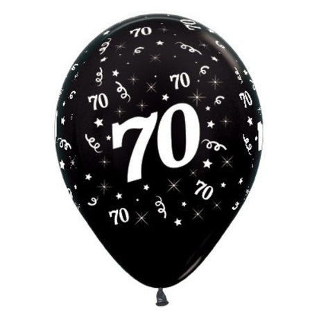 Pack of 6 black metallic balloons celebrating age 70, perfect for elegant birthday parties and milestone celebrations.