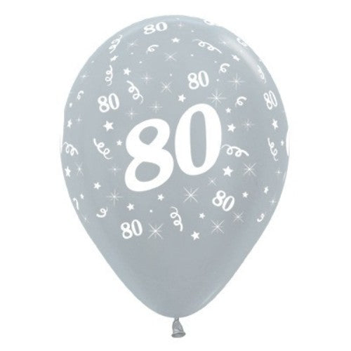 Pack of 6 silver metallic balloons with '80' for elegant birthday celebration decor. 30cm size, durable latex design.