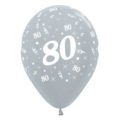 Pack of 6 silver metallic balloons with '80' for elegant birthday celebration decor. 30cm size, durable latex design.