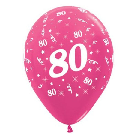 Pack of 6 fuchsia metallic balloons celebrating 80th birthday, perfect for vibrant party decorations.