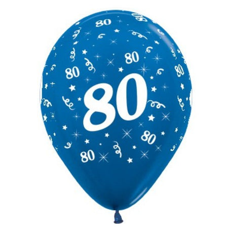 Pack of 6 blue metallic balloons celebrating age 80, perfect for elegant birthday decorations.