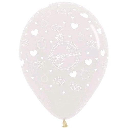 30cm clear latex balloons featuring diamond rings and heart designs, perfect for engagement celebrations. Pack of 6.