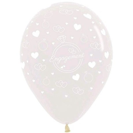 30cm clear latex balloons featuring diamond rings and heart designs, perfect for engagement celebrations. Pack of 6.