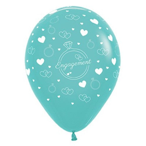 Set of 6 aquamarine latex balloons decorated with diamond rings and hearts, perfect for engagement celebrations.