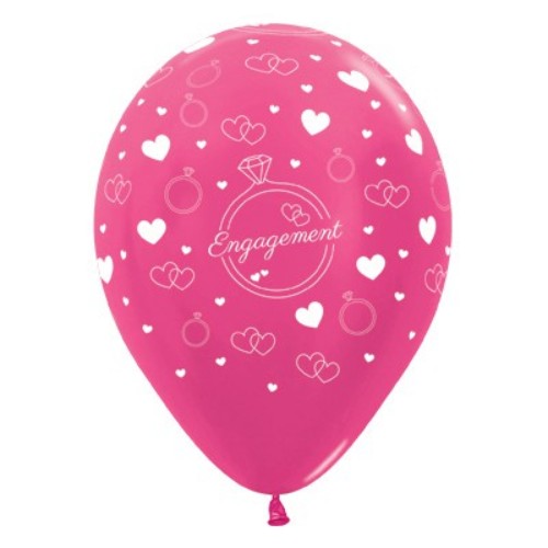 Pack of 6 fuchsia metallic latex balloons featuring diamond rings and hearts, ideal for engagement celebrations.