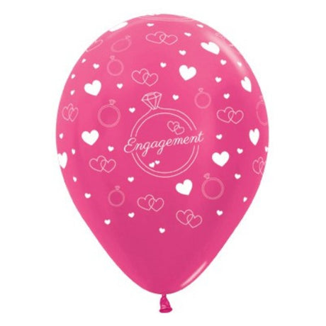 Pack of 6 fuchsia metallic latex balloons featuring diamond rings and hearts, ideal for engagement celebrations.