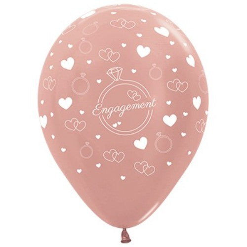 30cm rose gold metallic latex balloons with diamond rings and hearts, perfect for engagements and celebrations, pack of 6