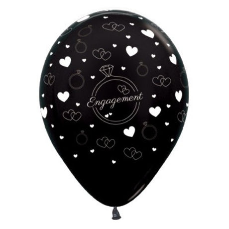 Pack of 6 elegant 30cm black metallic latex balloons with diamond rings and hearts for engagement celebrations.