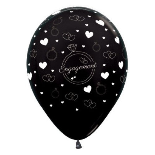 Pack of 6 elegant 30cm black metallic latex balloons with diamond rings and hearts for engagement celebrations.